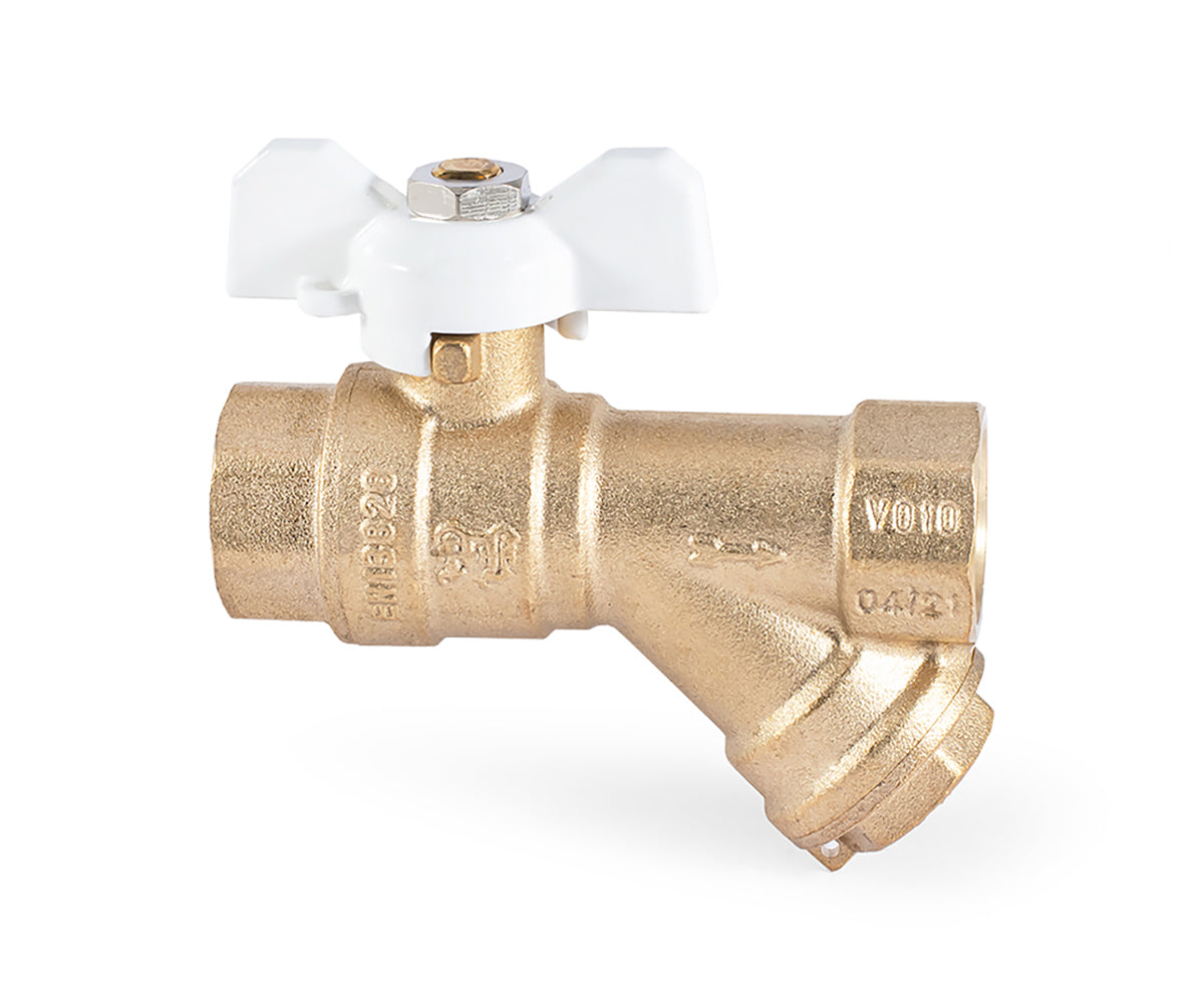 Ball valve with filter, butterfly handle — view 2