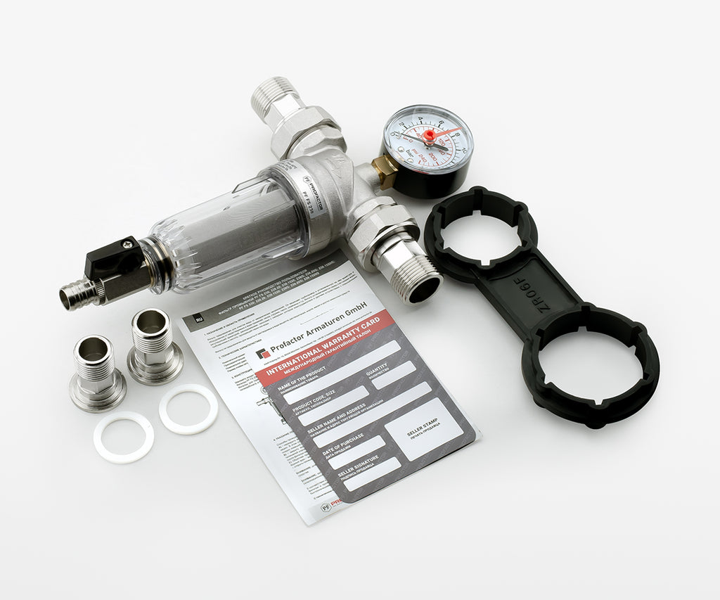 Backwash filter with pressure gauge and transparent bowl (for cold water)