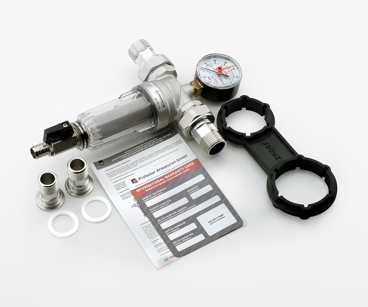 Backwash filter with pressure gauge and transparent bowl (for cold water)
