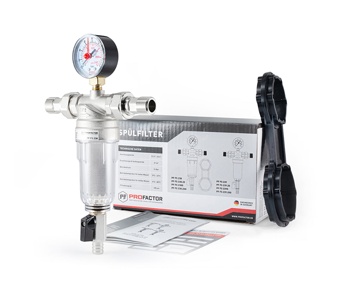 Backwash filter with pressure gauge and transparent bowl (for cold water)