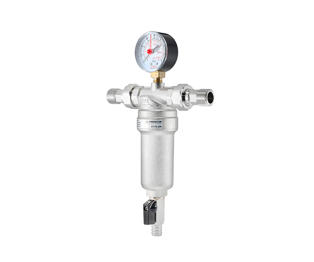 Backwash filter with pressure gauge and brass bowl — view 1