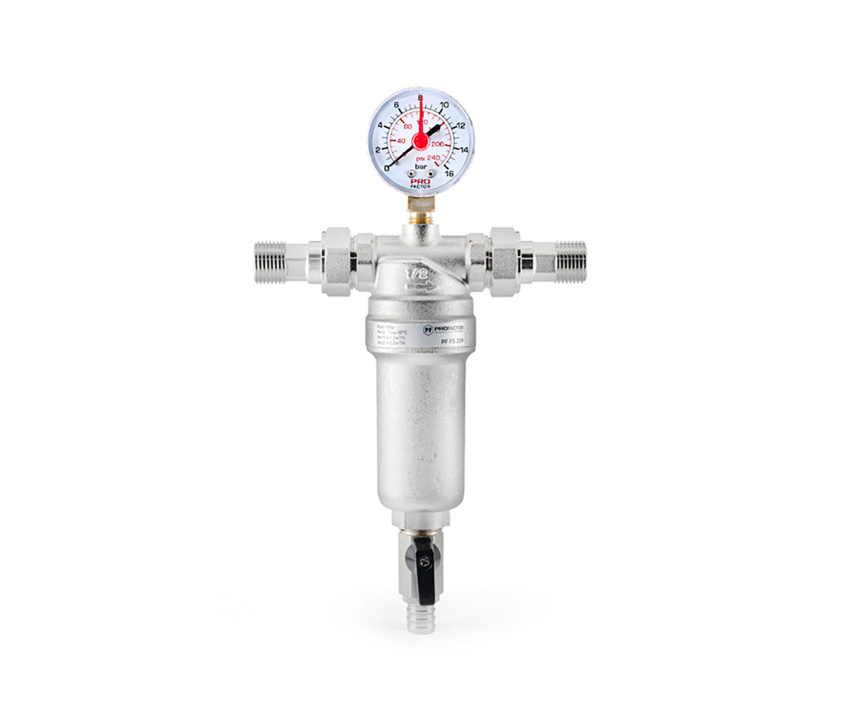 Backwash filter with pressure gauge and brass bowl — view 2