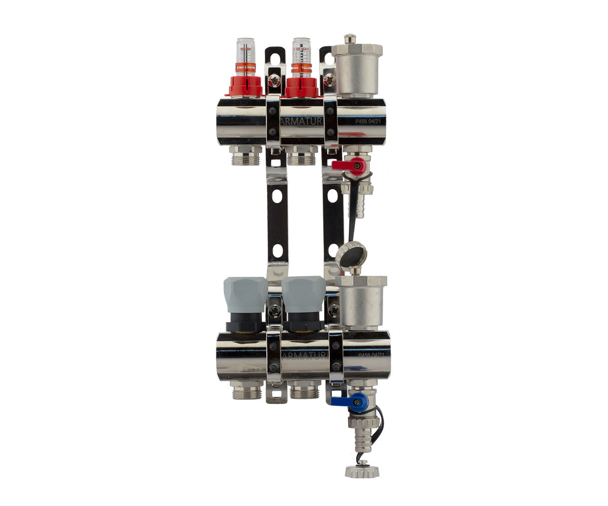 Manifold group with flow meters, thermostatic valves, drain cocks and air vents — PF MB 802.2