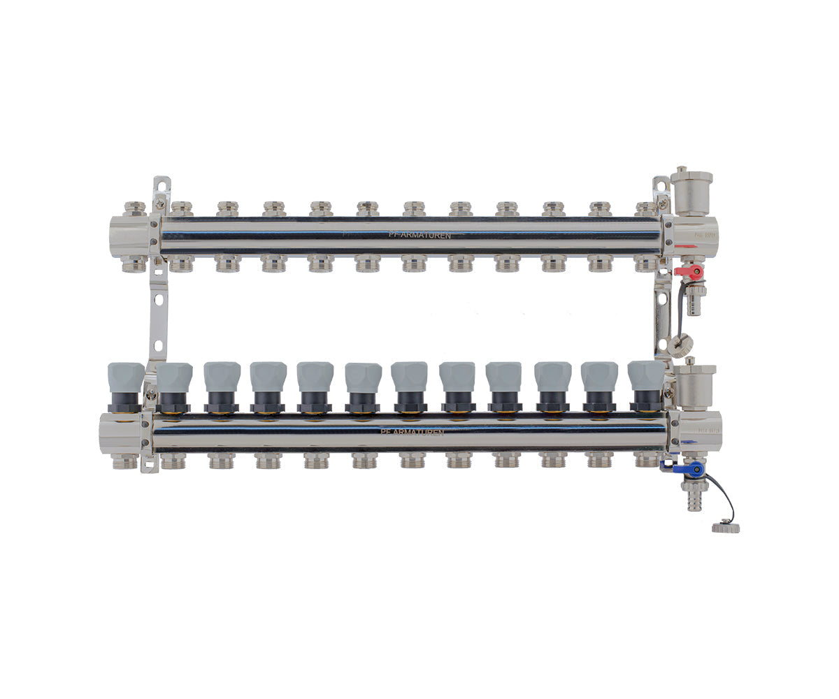 Manifold group with preset and thermostatic valves, drain cocks and air vents — PF MB 804.12