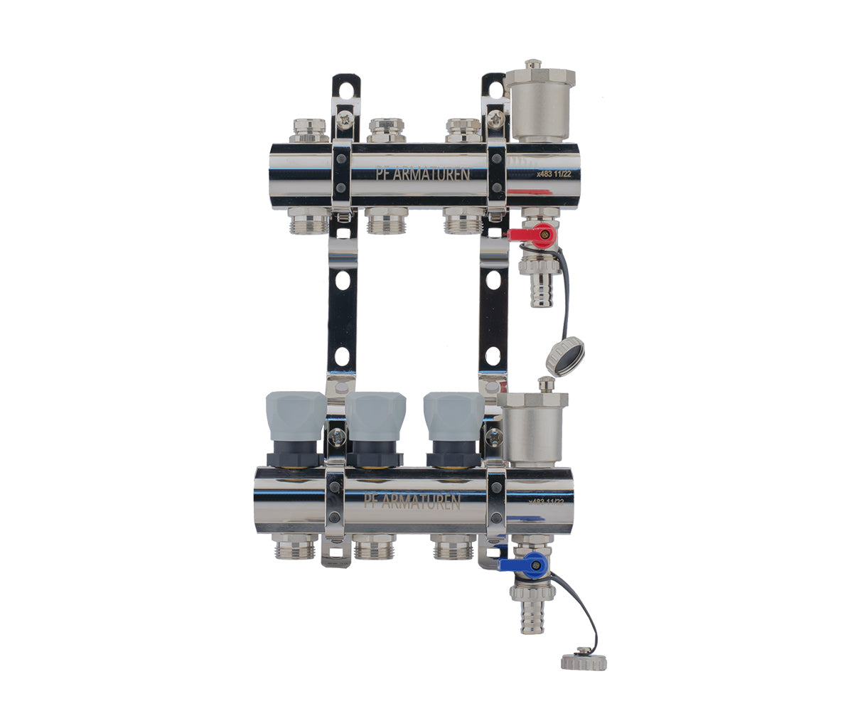 Manifold group with preset and thermostatic valves, drain cocks and air vents — PF MB 804.3