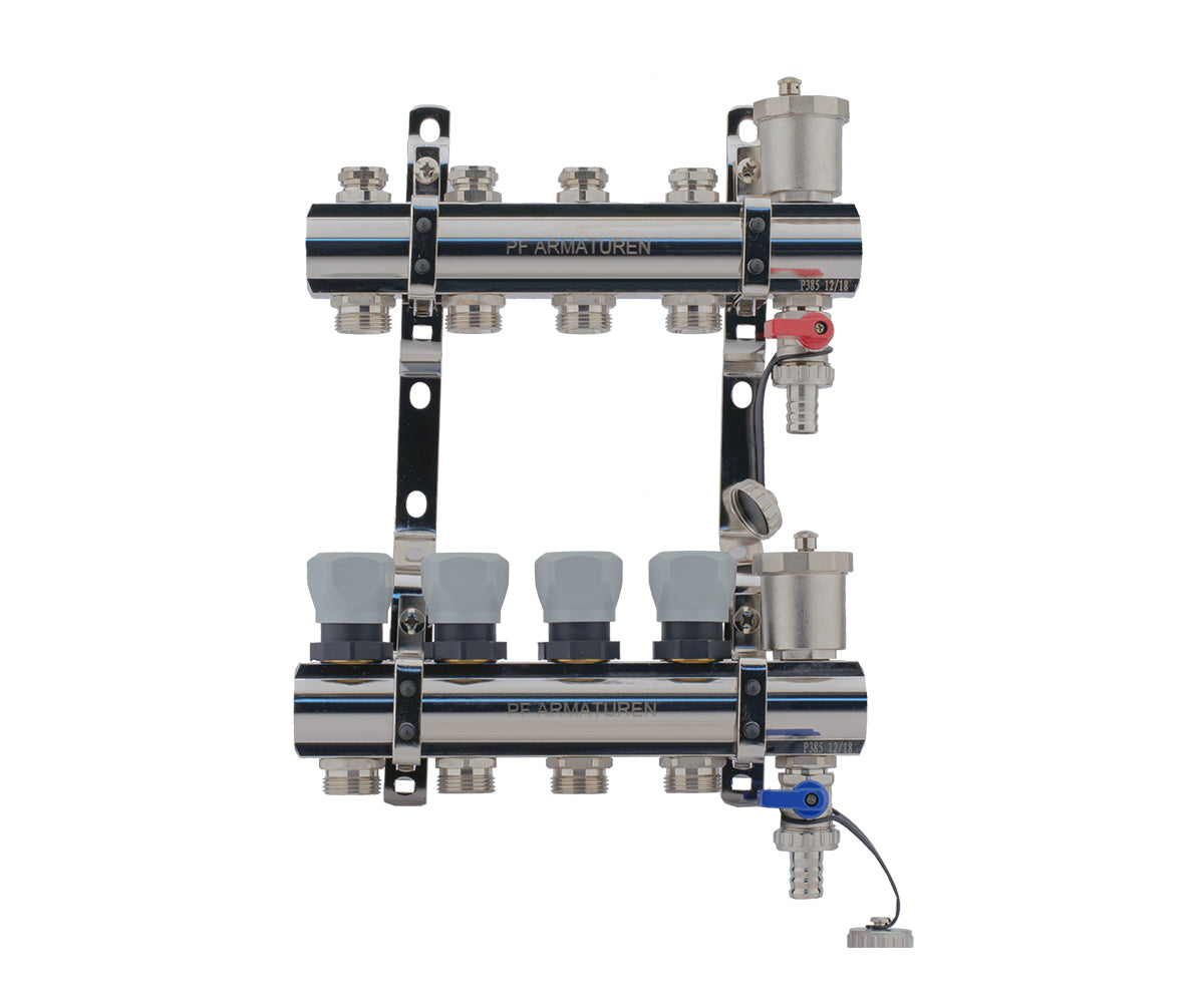 Manifold group with preset and thermostatic valves, drain cocks and air vents — PF MB 804.4