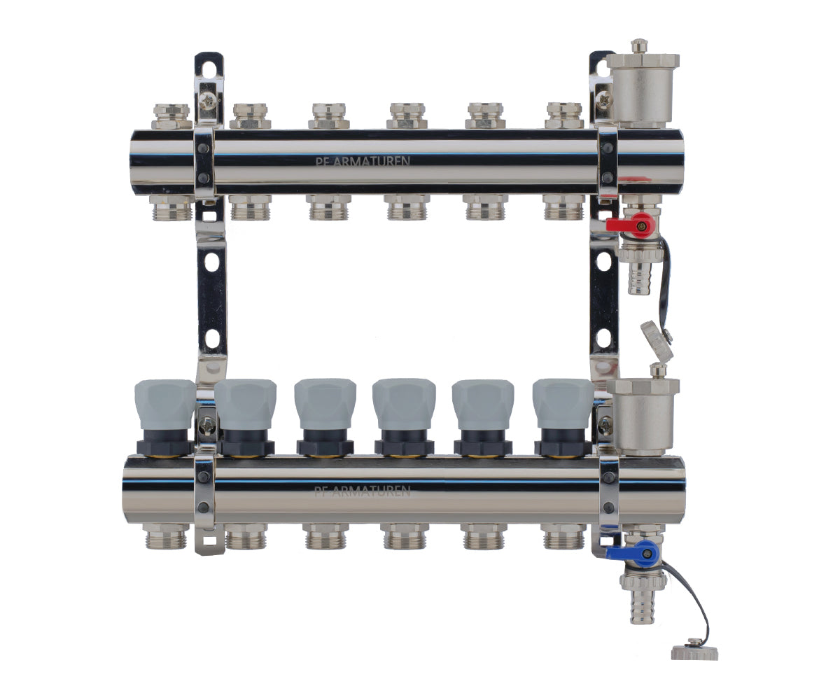 Manifold group with preset and thermostatic valves, drain cocks and air vents — PF MB 804.6