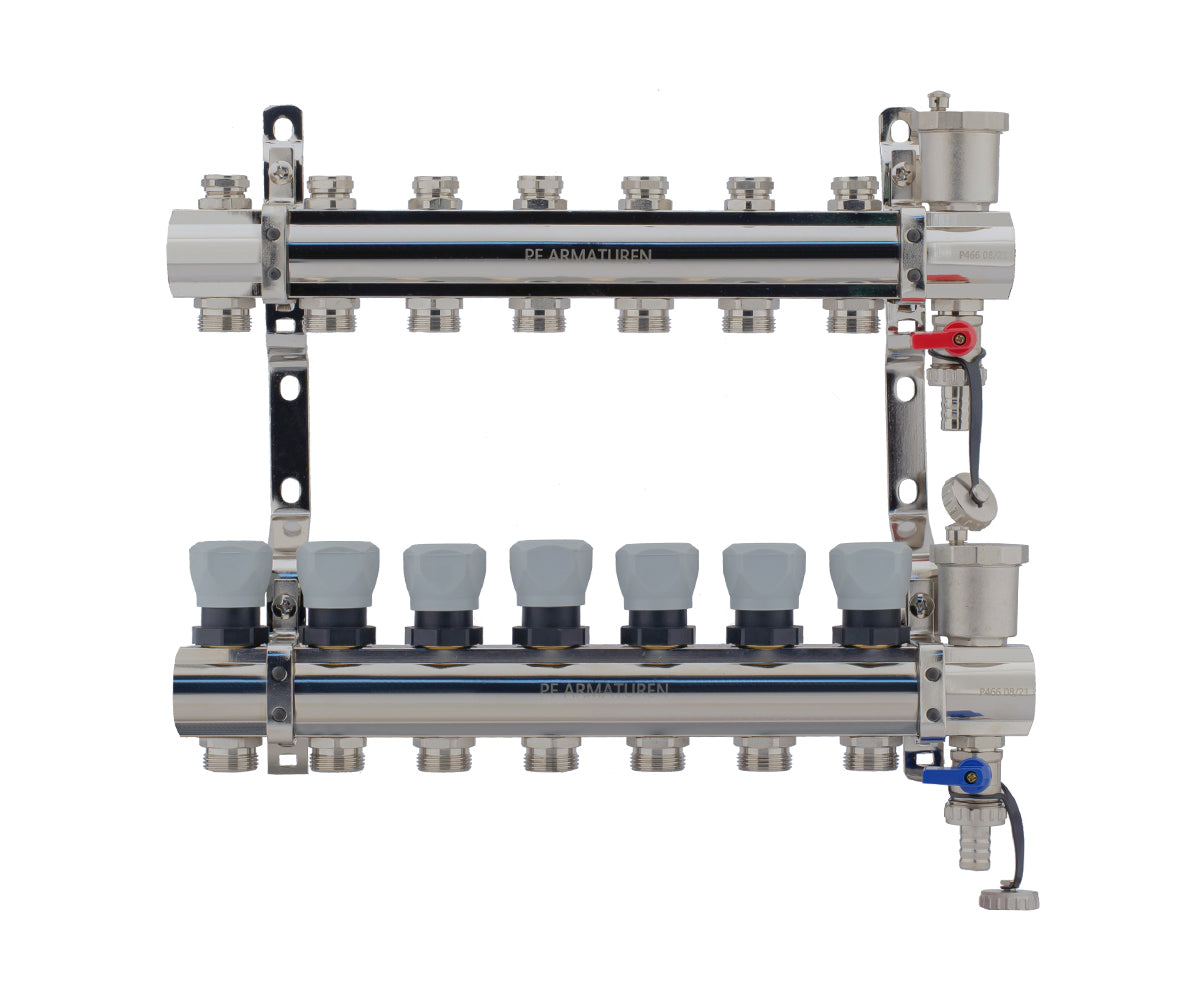 Manifold group with preset and thermostatic valves, drain cocks and air vents — PF MB 804.7