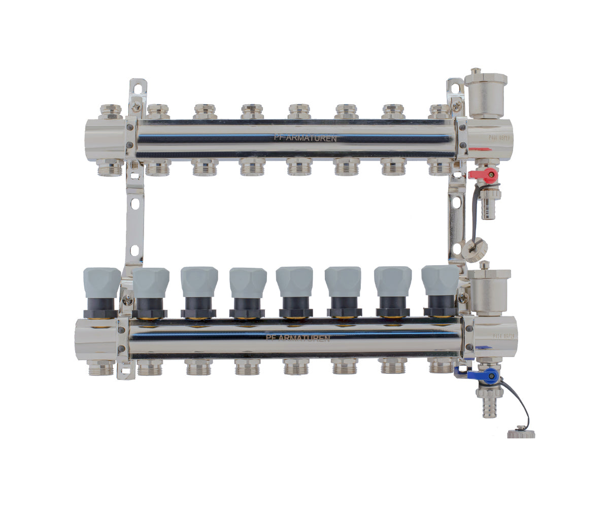 Manifold group with preset and thermostatic valves, drain cocks and air vents — PF MB 804.8