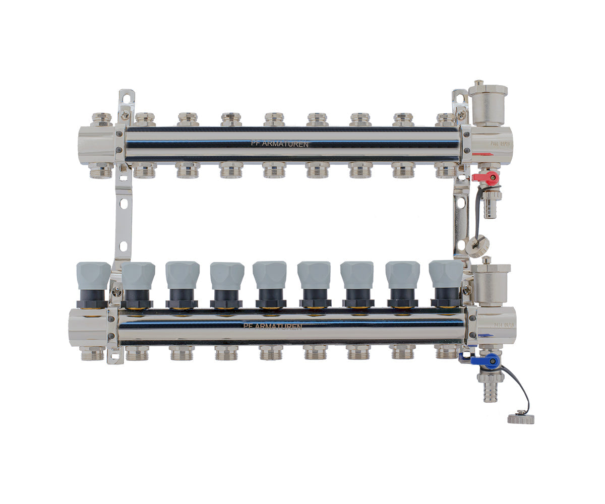 Manifold group with preset and thermostatic valves, drain cocks and air vents — PF MB 804.9