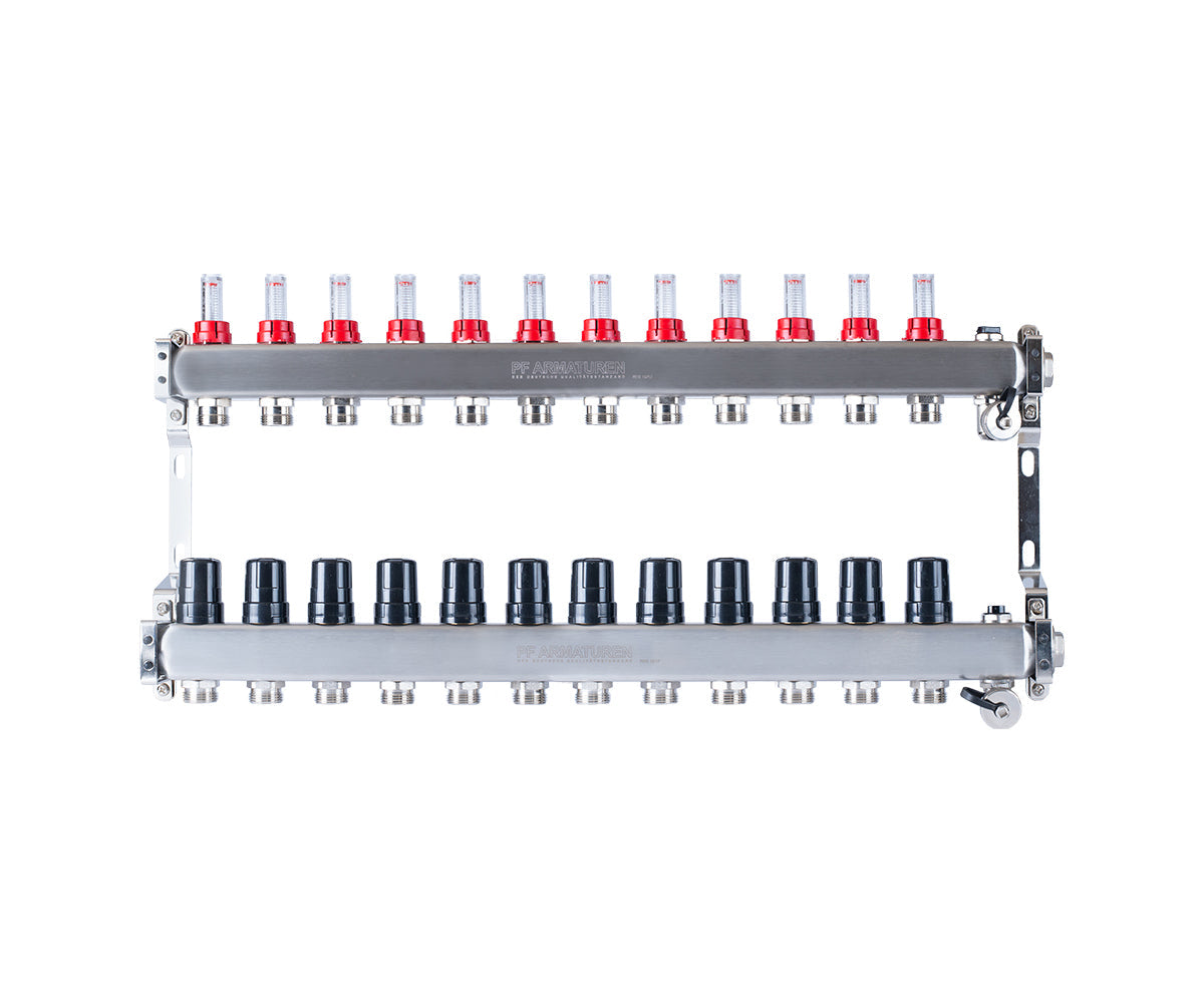 Manifold group with flow meters, thermostatic valves, drain valves and air vents — PF MB 806.12