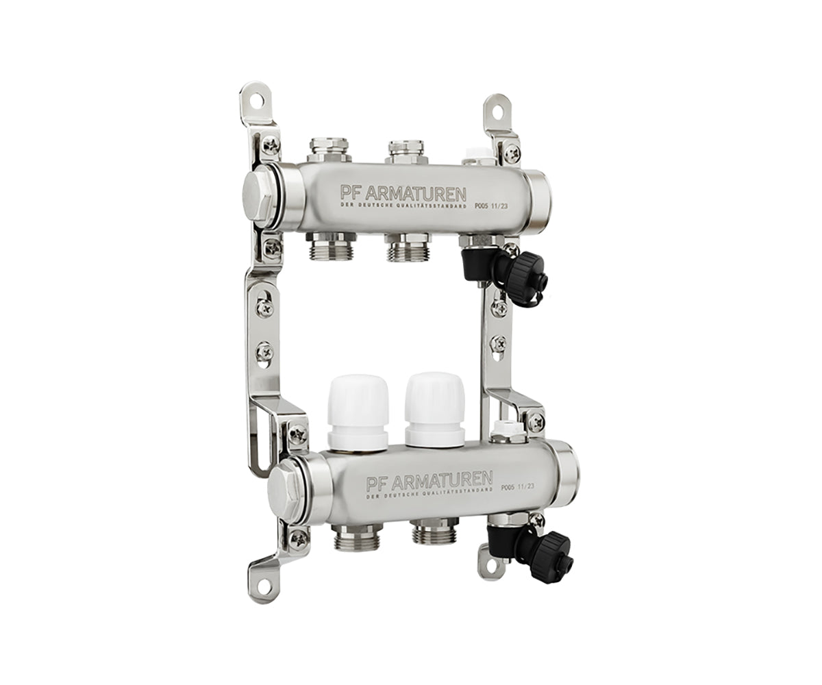 Manifold group with preset and thermostatic valves, drain valves and air vents — PF MB 808.2