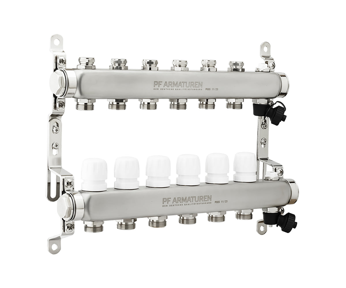 Manifold group with preset and thermostatic valves, drain valves and air vents — PF MB 808.6