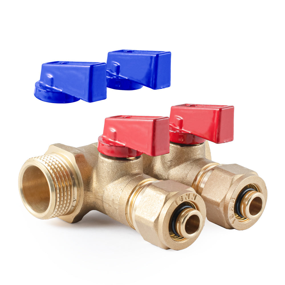 Manifold with ball valves and compression fittings, blue/red handles, F/M — PF MVP 266.2