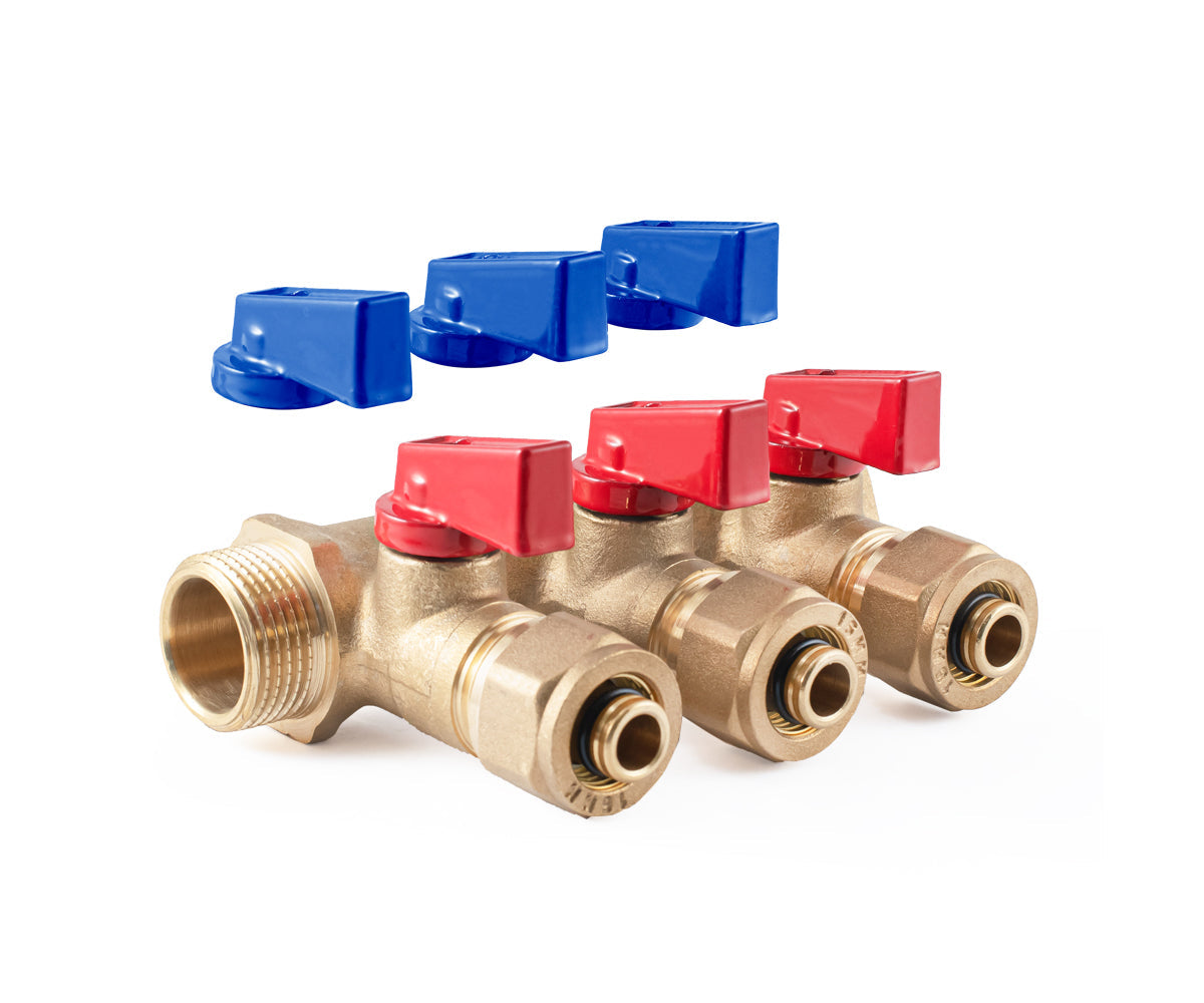 Manifold with ball valves and compression fittings, blue/red handles, F/M — PF MVP 266.3, ракурс 1