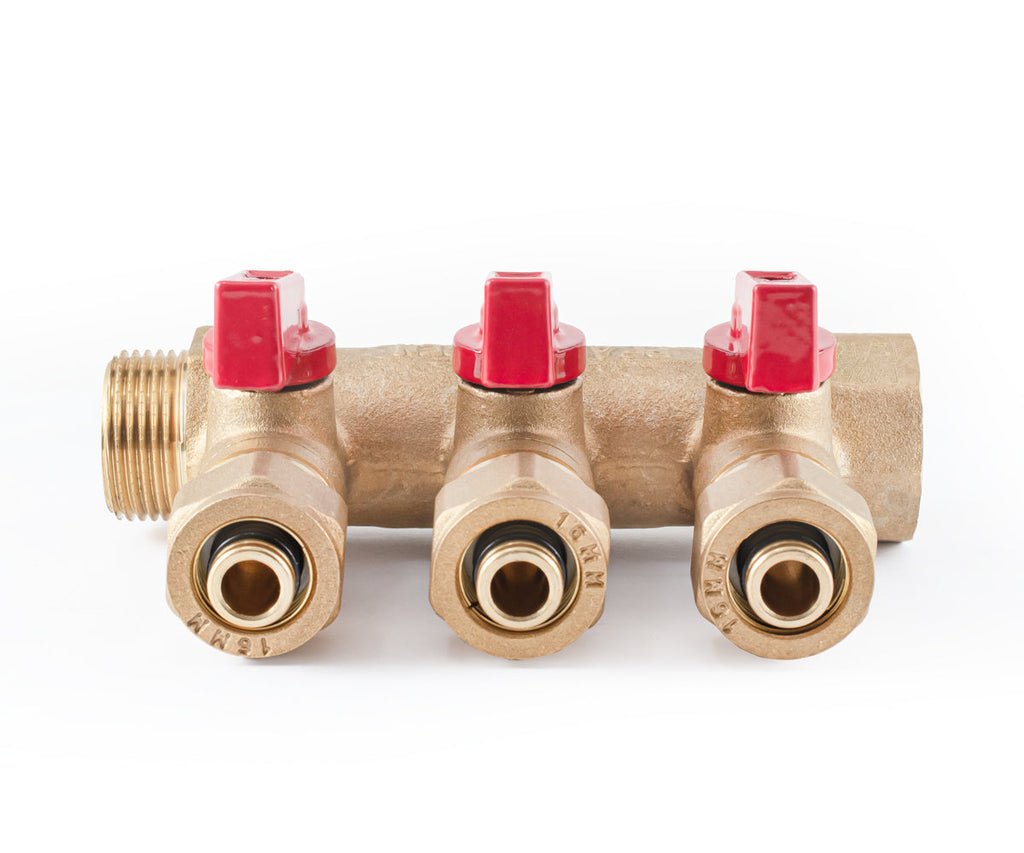 Manifold with ball valves and compression fittings, blue/red handles, F/M — PF MVP 266.3, ракурс 2