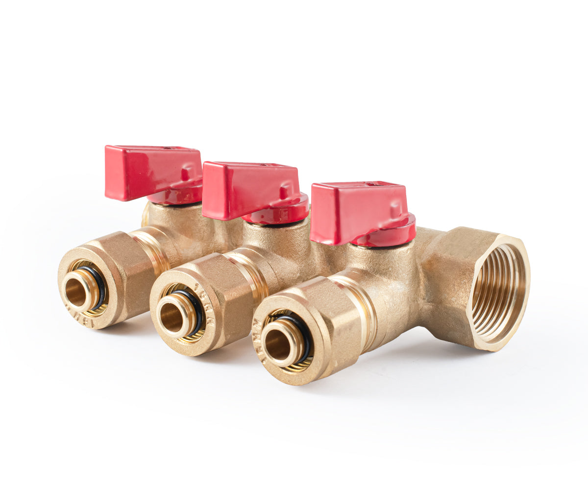 Manifold with ball valves and compression fittings, blue/red handles, F/M — PF MVP 266.3, ракурс 3