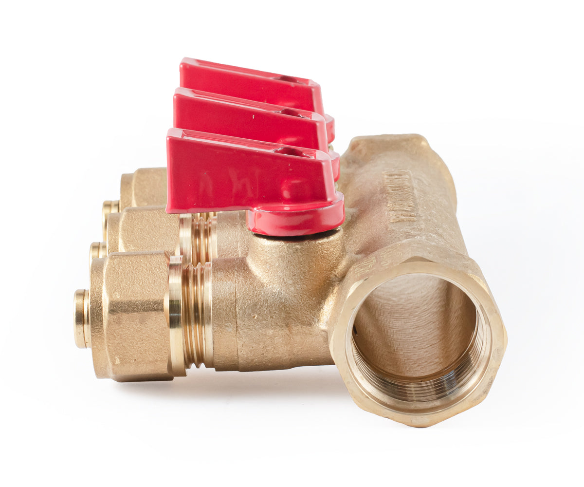 Manifold with ball valves and compression fittings, blue/red handles, F/M — PF MVP 266.3, ракурс 4