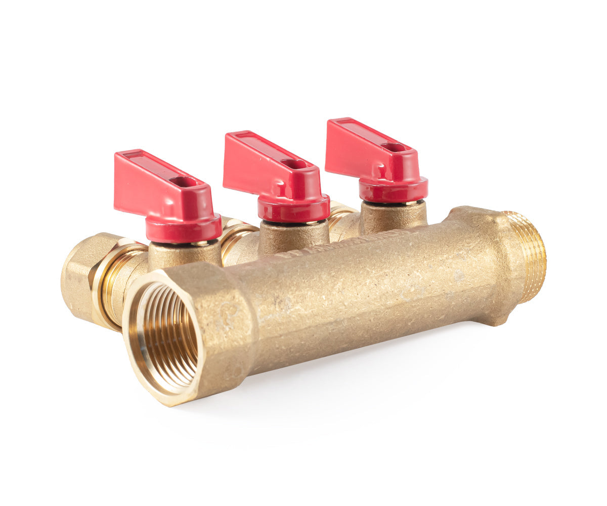 Manifold with ball valves and compression fittings, blue/red handles, F/M — PF MVP 266.3, ракурс 5