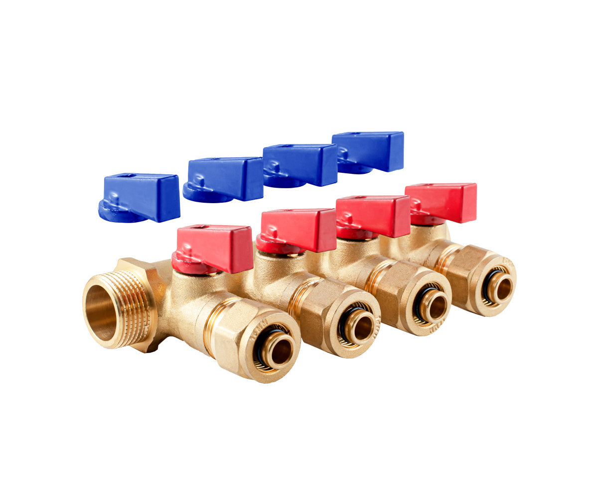 Manifold with ball valves and compression fittings, blue/red handles, F/M — PF MVP 266.4