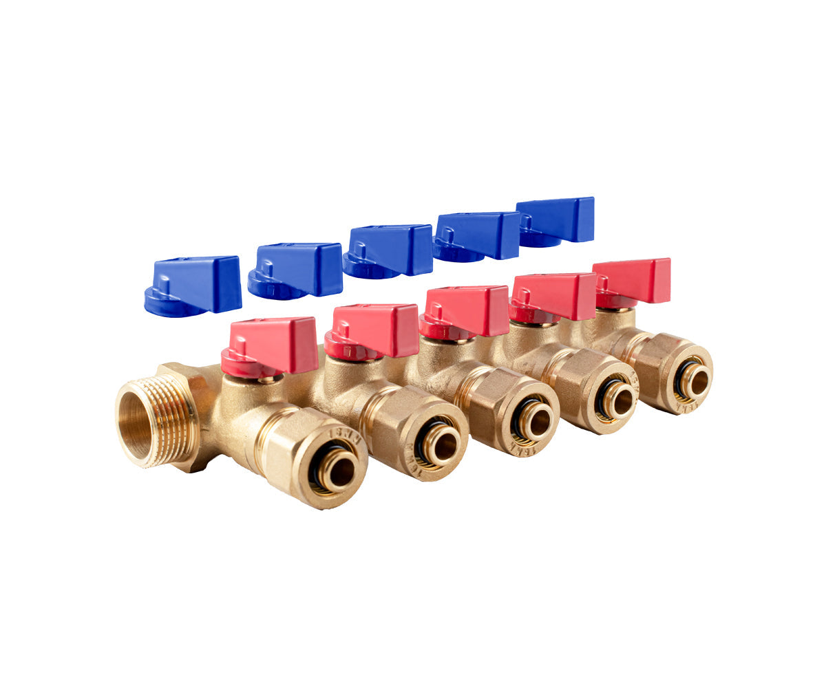 Manifold with ball valves and compression fittings, blue/red handles, F/M — PF MVP 266.5