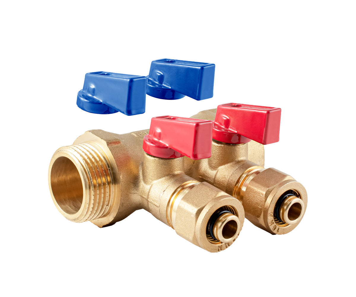 Manifold with ball valves and compression fittings, blue/red handles, F/M — PF MVP 267.2
