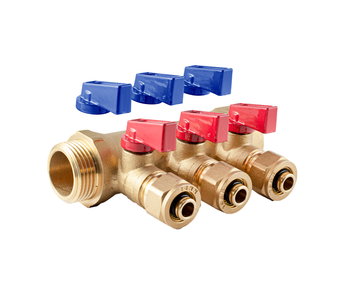 Manifold with ball valves and compression fittings, blue/red handles, F/M — PF MVP 267.3