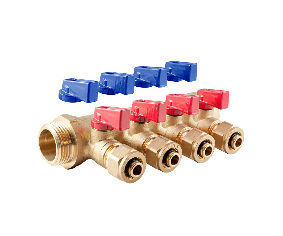 Manifold with ball valves and compression fittings, blue/red handles, F/M — PF MVP 267.4