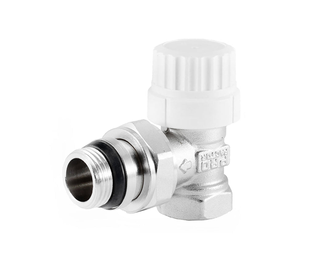 Angled thermostatic radiator valve with presetting and O-ring seal at tailpiece — view 1