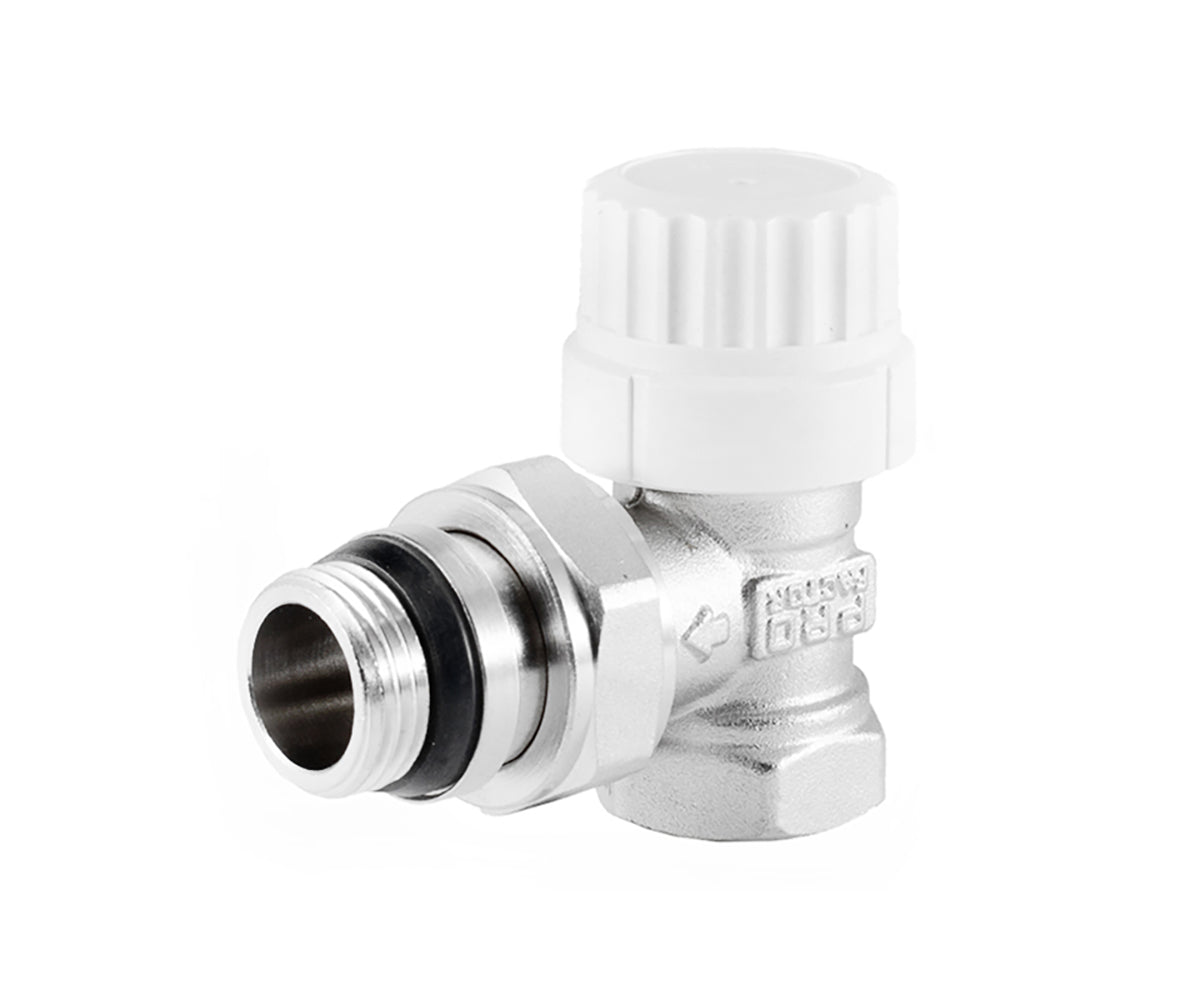 Angled thermostatic radiator valve with presetting and O-ring seal at tailpiece — view 1