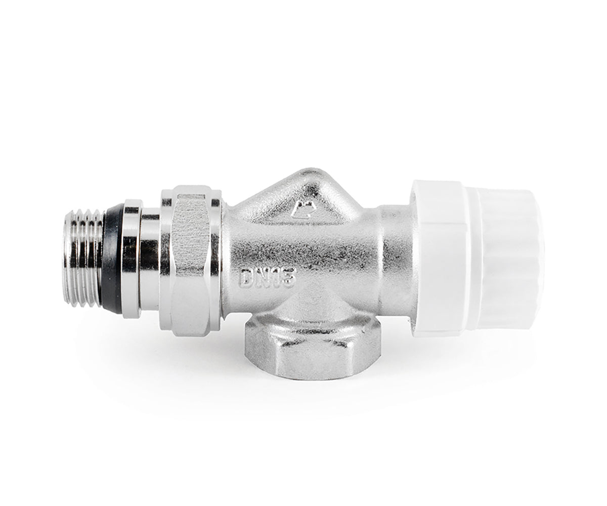 Thermostatic radiator valve with axial operation and O-ring seal at tailpiece — view 2