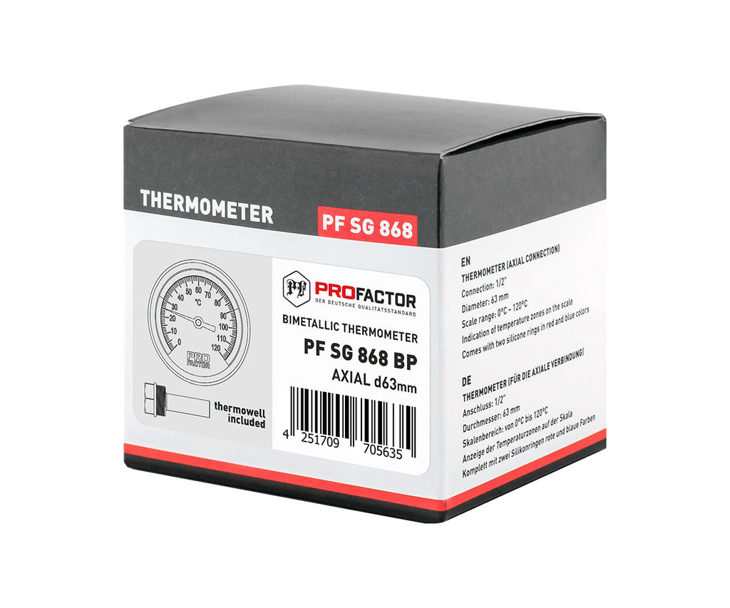 Bimetal thermometer d 63 mm, axial connection, with immersion sleeve — PF_SG_868_-_BP_6
