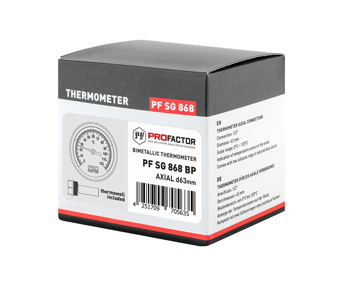 Bimetal thermometer d 63 mm, axial connection, with immersion sleeve — PF_SG_868_-_BP_6