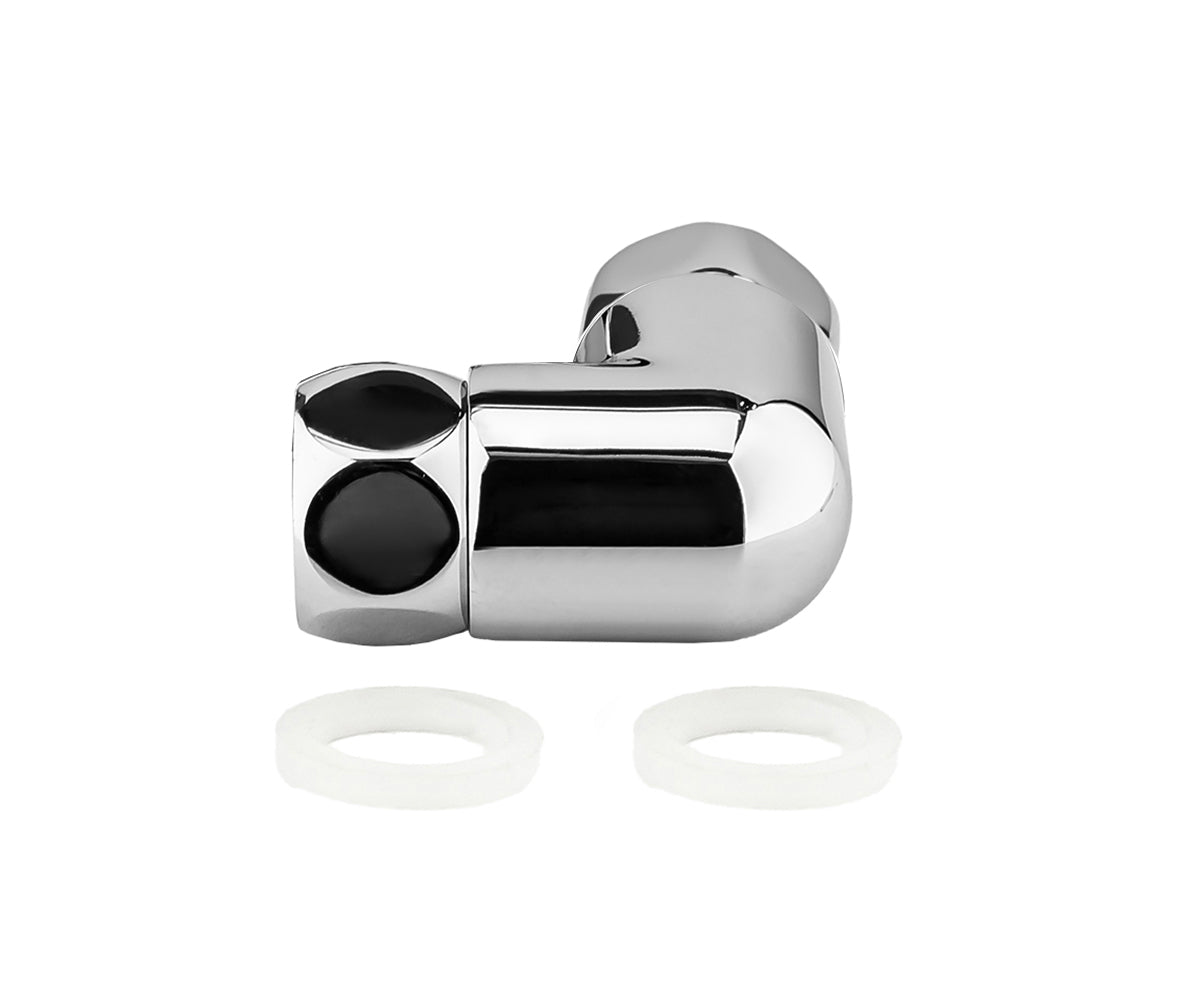Angle connector with two union nuts — view 2