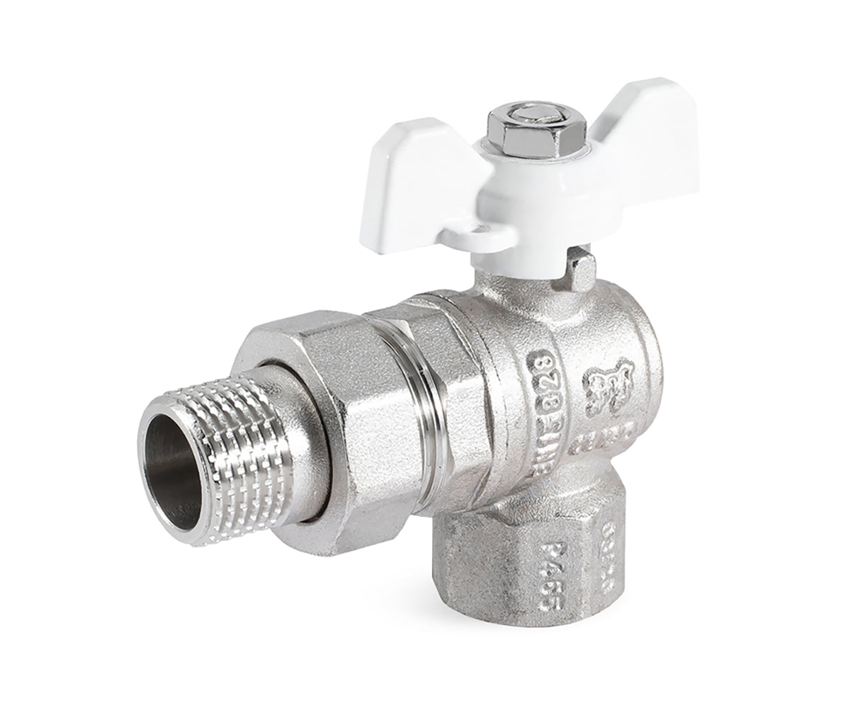 Angle ball valve «STANDARD» with union, butterfly handle — DN 15 / ½", view 1